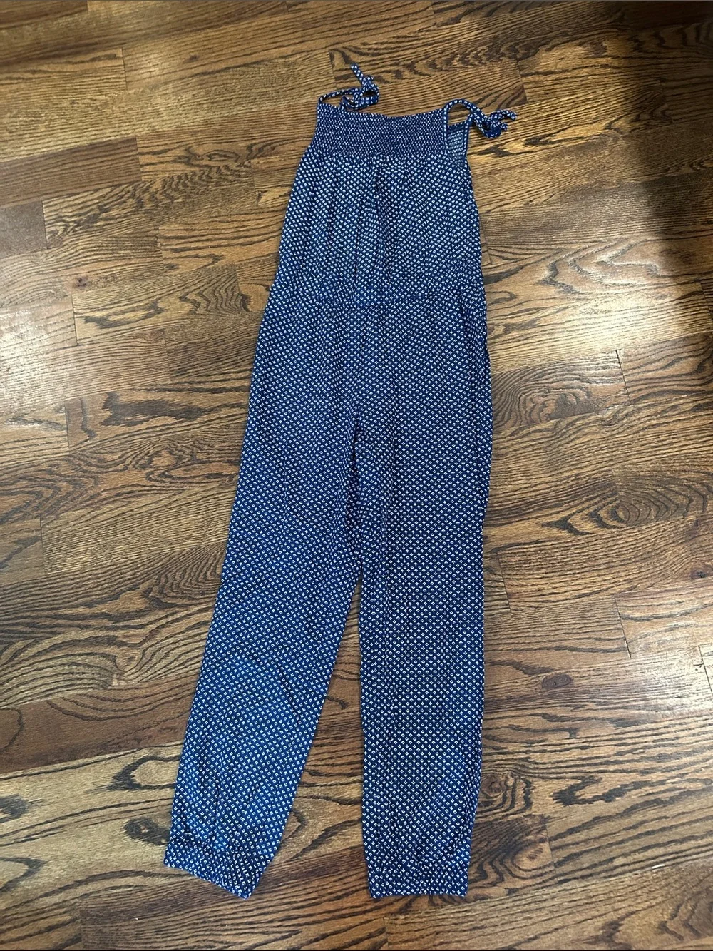GAP Blue Polka-Dot Smocked Jumpsuit with Tie Straps